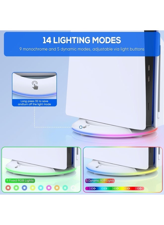 LED Vertical Stand for PS5 Slim Console Disc and Digital with 14 Light Mode, RGB Base Stand Replacement for Playstation 5 Slim Console with Screw ＆ USB Cable, White