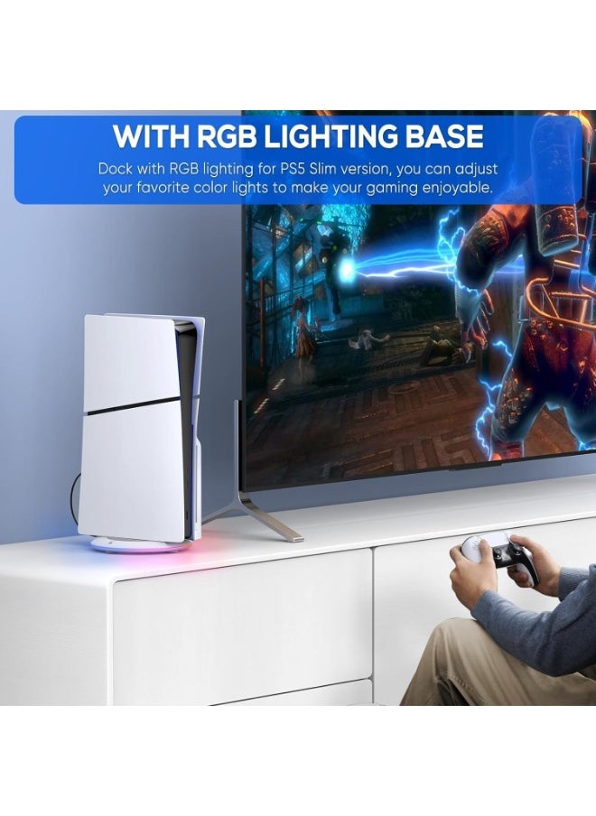 LED Vertical Stand for PS5 Slim Console Disc and Digital with 14 Light Mode, RGB Base Stand Replacement for Playstation 5 Slim Console with Screw ＆ USB Cable, White