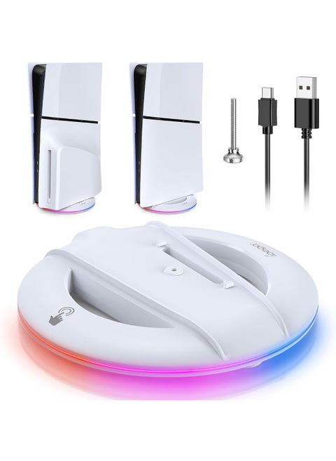 LED Vertical Stand for PS5 Slim Console Disc and Digital with 14 Light Mode, RGB Base Stand Replacement for Playstation 5 Slim Console with Screw ＆ USB Cable, White