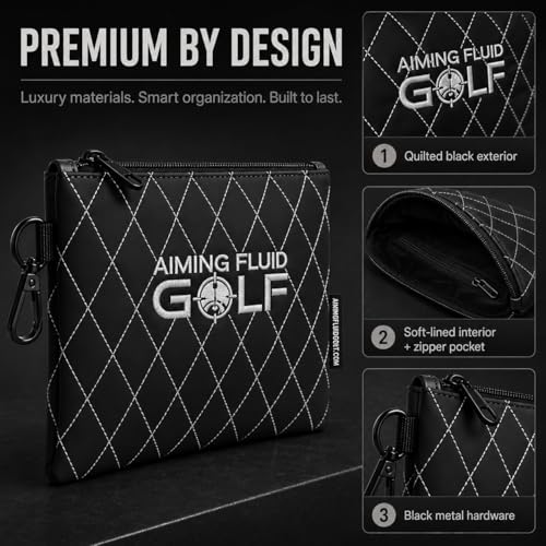Aiming Fluid Golf Premium Leather GolfTravel Valuables Pouch Luxury Zippered Utility Bag with Diamond Stitching 360 Swivel Clip Soft Interior for Golf Accessories Travel Essentials Black - Image 3