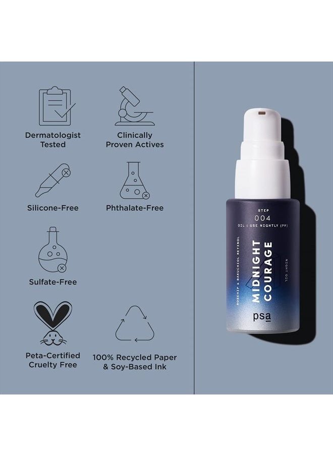 Purposeful Skincare by Allies PSA MIDNIGHT COURAGE Rosehip & Bakuchiol Retinoid Night Oil. Facial Oil for Nighttime Skincare Routine with 2% Retinoid Complex, Organic Rosehip & Baobab Oil, Bakuchiol Retinol. 15 ml/ 0.5 oz  - Image 4