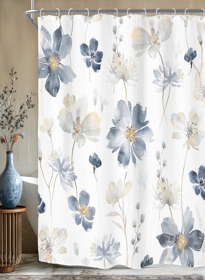 ريديكور ستارة حمام زرقاء مزينة بزهور من Riyidecor، ستائر حمام ربيعية نباتية لطيفة للفتيات البوهيميات، مجموعة ديكور حمام رمادية بألوان مائية ونباتات طبيعية، 72 عرض × 72 ارتفاع، قماش بوليستر مطبوع عليه رسومات فنية مقاوم للماء - Image 4