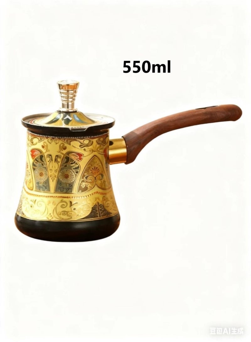 إبريق قهوة تركي عتيق فاخر سعة 550 مل إبريق قهوة مزين بالمينا مع نقوش زهرية فن لاتيه كوب مقبض خشبي مقاوم للحرارة مجموعة رائعة لتحضير القهوة - Image 1