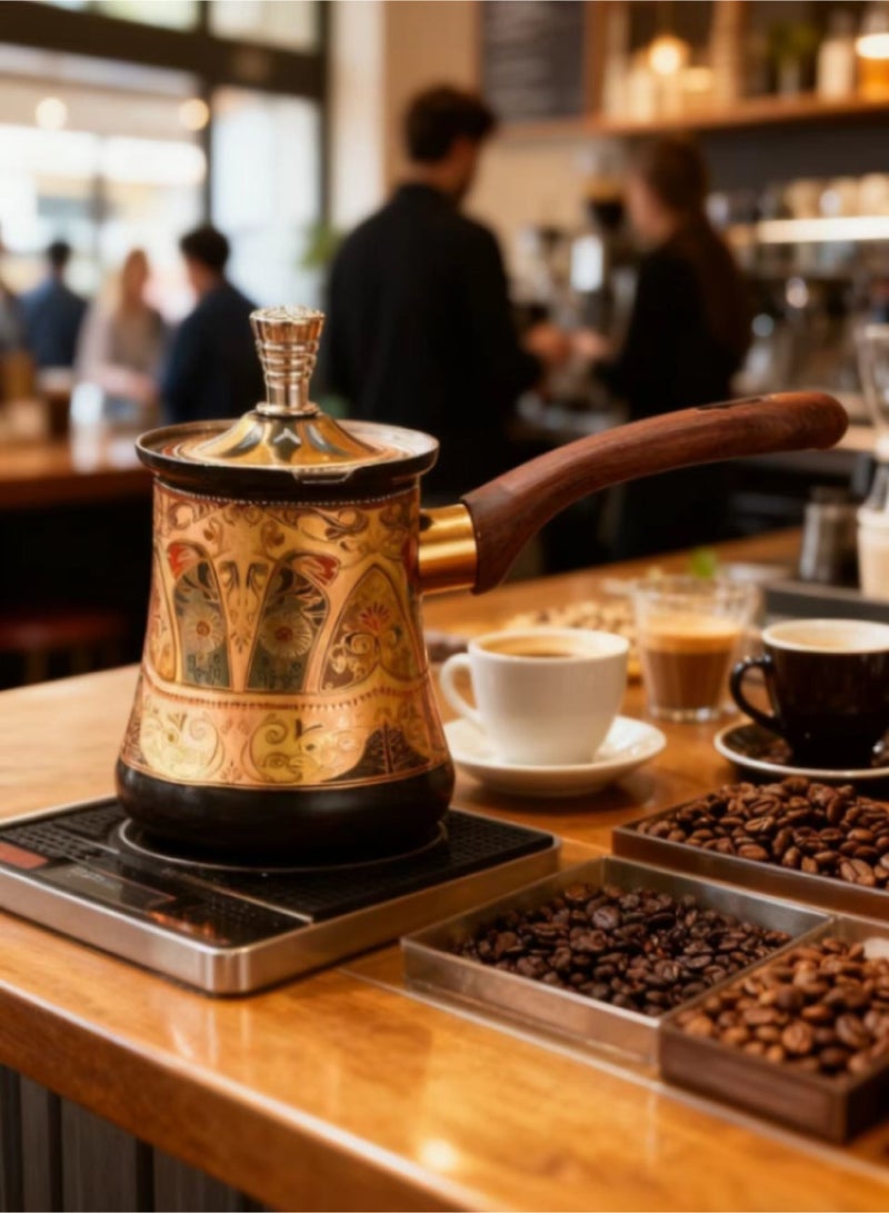 إبريق قهوة تركي عتيق فاخر سعة 550 مل إبريق قهوة مزين بالمينا مع نقوش زهرية فن لاتيه كوب مقبض خشبي مقاوم للحرارة مجموعة رائعة لتحضير القهوة - Image 2