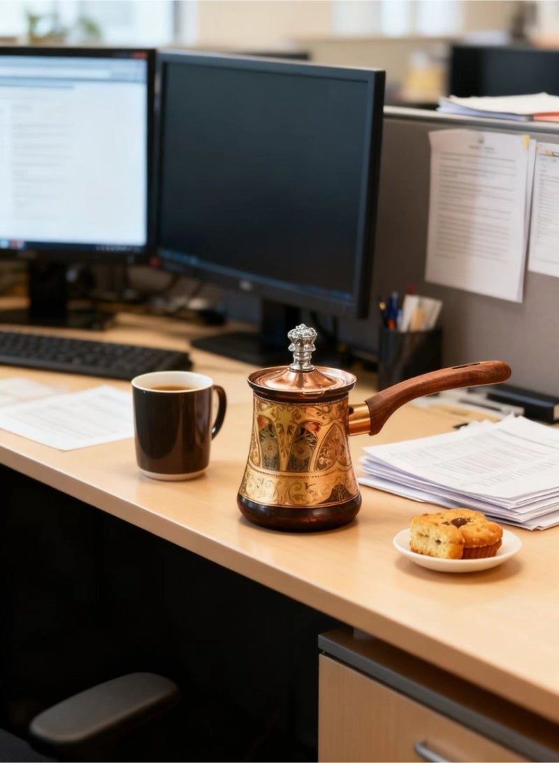 إبريق قهوة تركي عتيق فاخر سعة 550 مل إبريق قهوة مزين بالمينا مع نقوش زهرية فن لاتيه كوب مقبض خشبي مقاوم للحرارة مجموعة رائعة لتحضير القهوة - Image 3