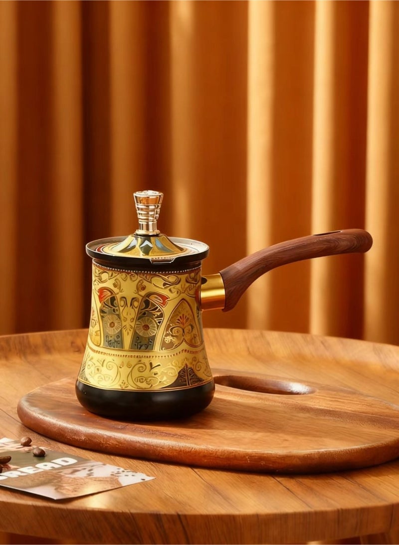 إبريق قهوة تركي عتيق فاخر سعة 550 مل إبريق قهوة مزين بالمينا مع نقوش زهرية فن لاتيه كوب مقبض خشبي مقاوم للحرارة مجموعة رائعة لتحضير القهوة - Image 4