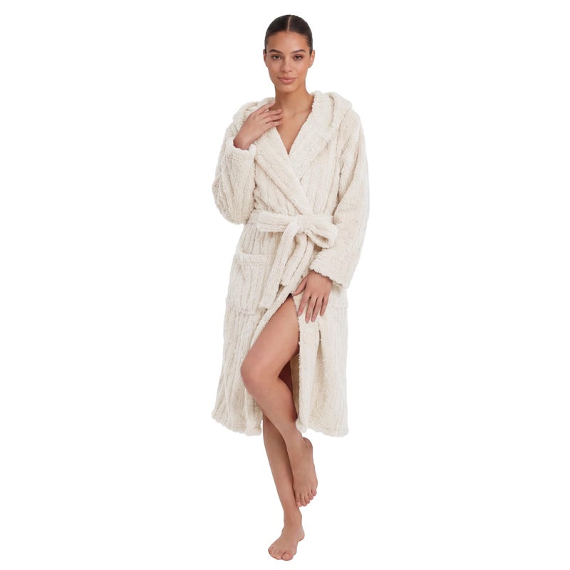 HEARTNICE Fuzzy Soft Robes for Women, Long Plush Hooded Robe Fluffy Warm Bathrobes(Off-White,S/M) - Image 1