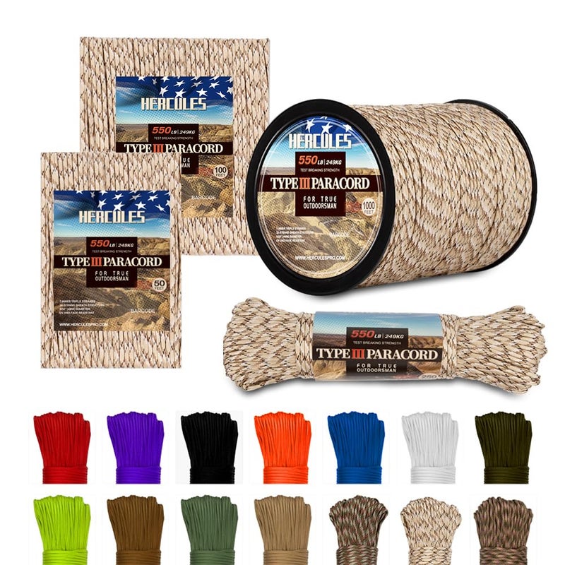 HERCULES Type III Paracord 550 Paracord Rope Parachute Cord, 100' Camo for Survival Rope, Survival Cord - Image 1