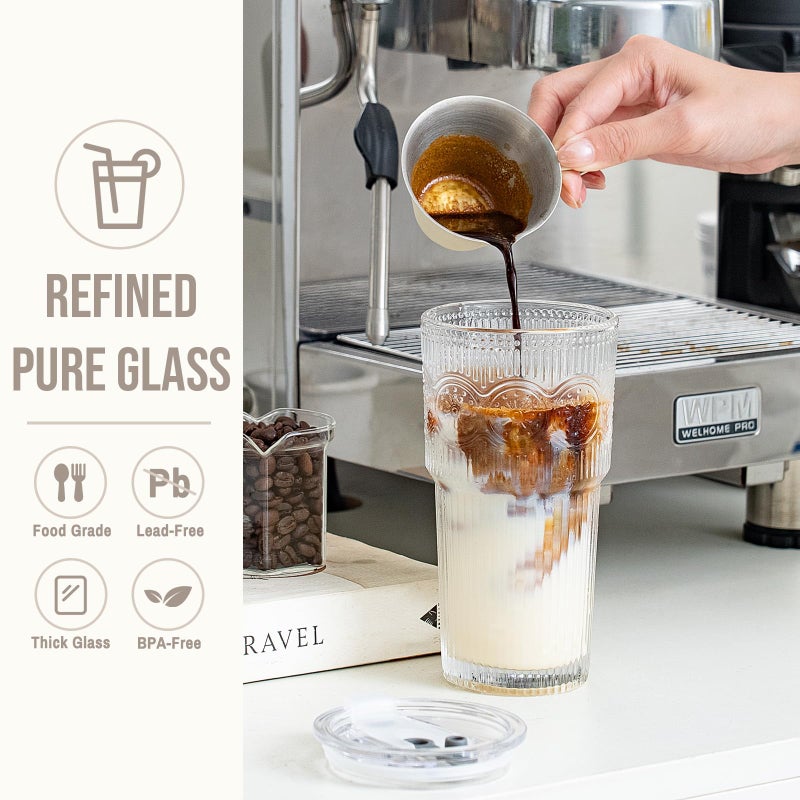SoulTimes 20oz Ribbed & Floral Glass Tumbler Set of 2 â€“ Reusable Glass Cups with Lid and Glass Straw, Iced Coffee Cups for Water, Smoothie, Milk, Cocktail & More â€“ Perfect for Daily Use & Travel - Image 4