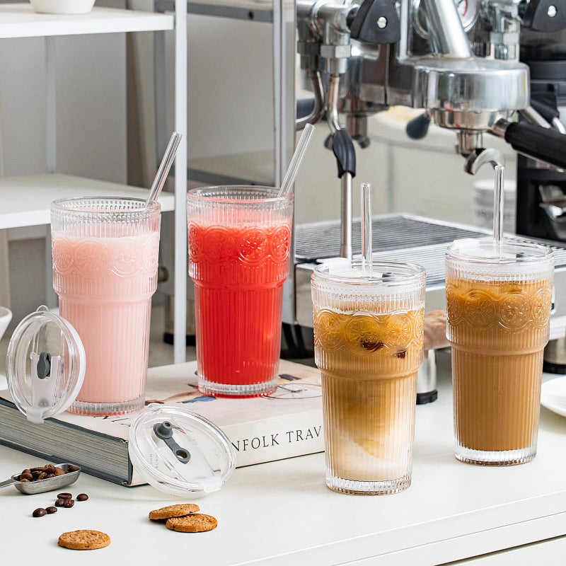 SoulTimes 20oz Ribbed & Floral Glass Tumbler Set of 2 â€“ Reusable Glass Cups with Lid and Glass Straw, Iced Coffee Cups for Water, Smoothie, Milk, Cocktail & More â€“ Perfect for Daily Use & Travel - Image 2