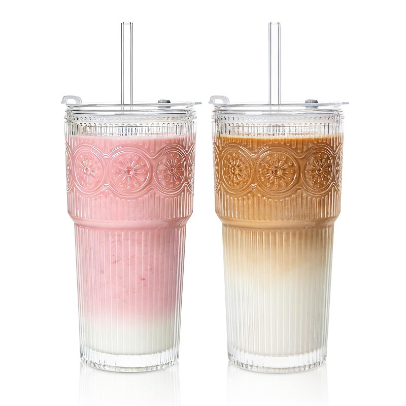 SoulTimes 20oz Ribbed & Floral Glass Tumbler Set of 2 â€“ Reusable Glass Cups with Lid and Glass Straw, Iced Coffee Cups for Water, Smoothie, Milk, Cocktail & More â€“ Perfect for Daily Use & Travel - Image 1