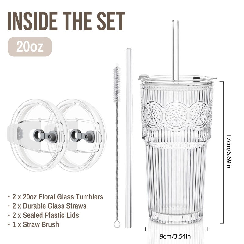 SoulTimes 20oz Ribbed & Floral Glass Tumbler Set of 2 â€“ Reusable Glass Cups with Lid and Glass Straw, Iced Coffee Cups for Water, Smoothie, Milk, Cocktail & More â€“ Perfect for Daily Use & Travel - Image 3
