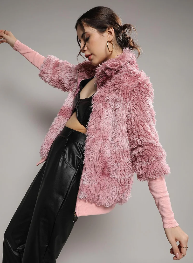 Campus Sutra Women's Blush Pink Faded Faux Fur Jacket