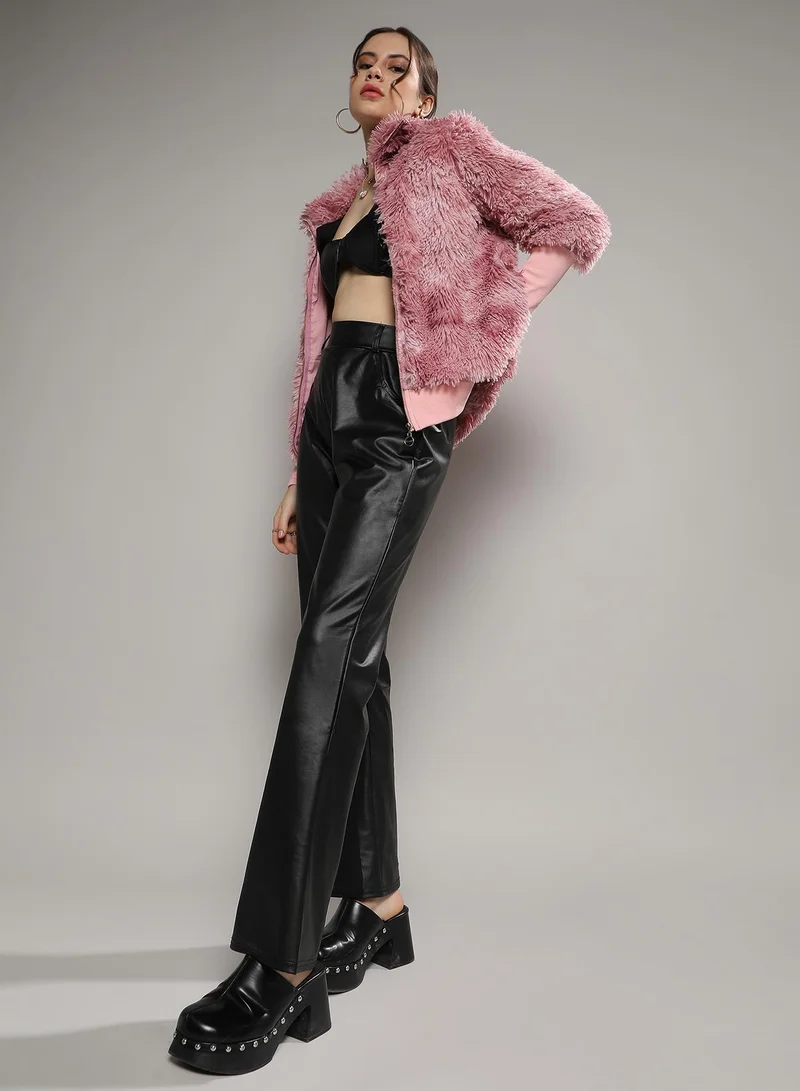 Campus Sutra Women's Blush Pink Faded Faux Fur Jacket