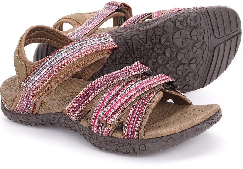 WHITIN Women's Hiking Sandals with Arch Support Size 7 Cushioned Beach Sandals Ladies Summer Waterproof Outdoor Flat Activities Soft BrownRed 37 - Image 1