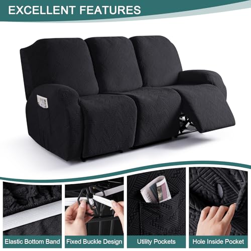 Ruaozz Recliner Sofa Covers Recliner Chair Covers Couch Covers for Reclining Couches with Pockets Washable Furniture Protector with Elastic Bottom (3 Seater, Black) - Image 5