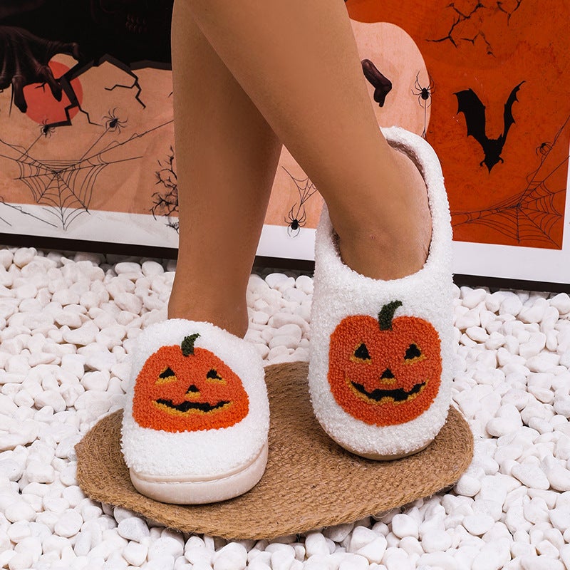 Cross-border e-commerce Halloween pumpkin Korean autumn and winter men and women couples cotton slippers home indoor cute thick bottom card White 8077