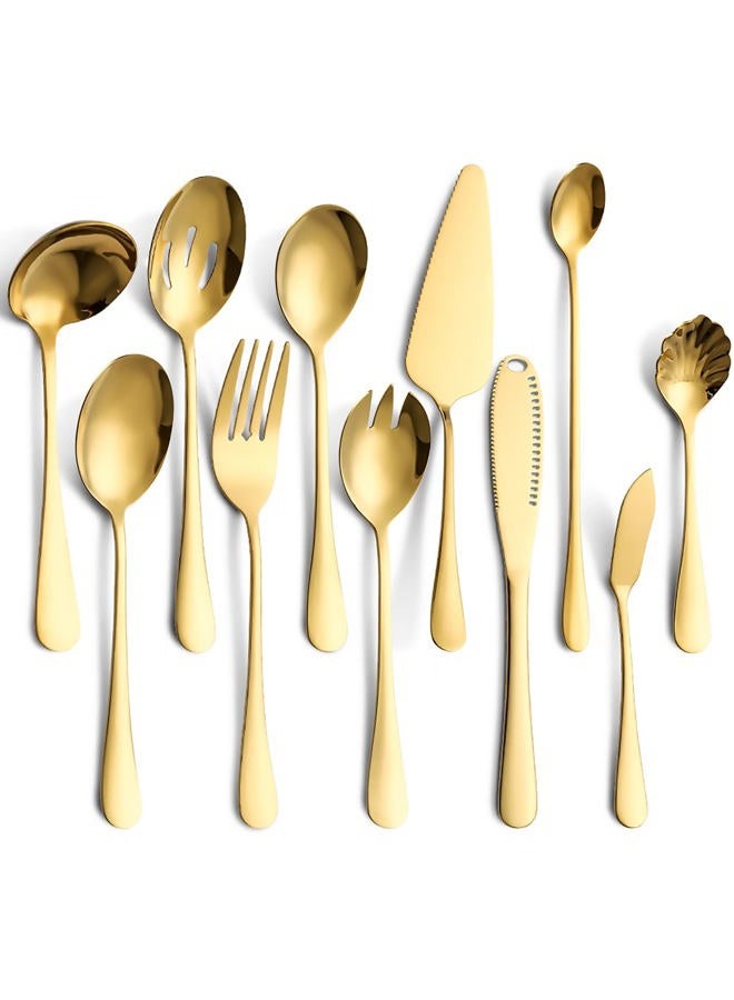 Dadamong 11-Piece Serving Utensil Set, Stainless Steel Modern Flatware Serving Set Serving Spoons Fork Knife Ladle, Tableware Cutlery for Home Restaurant Buffet Party (Gold) - Image 1