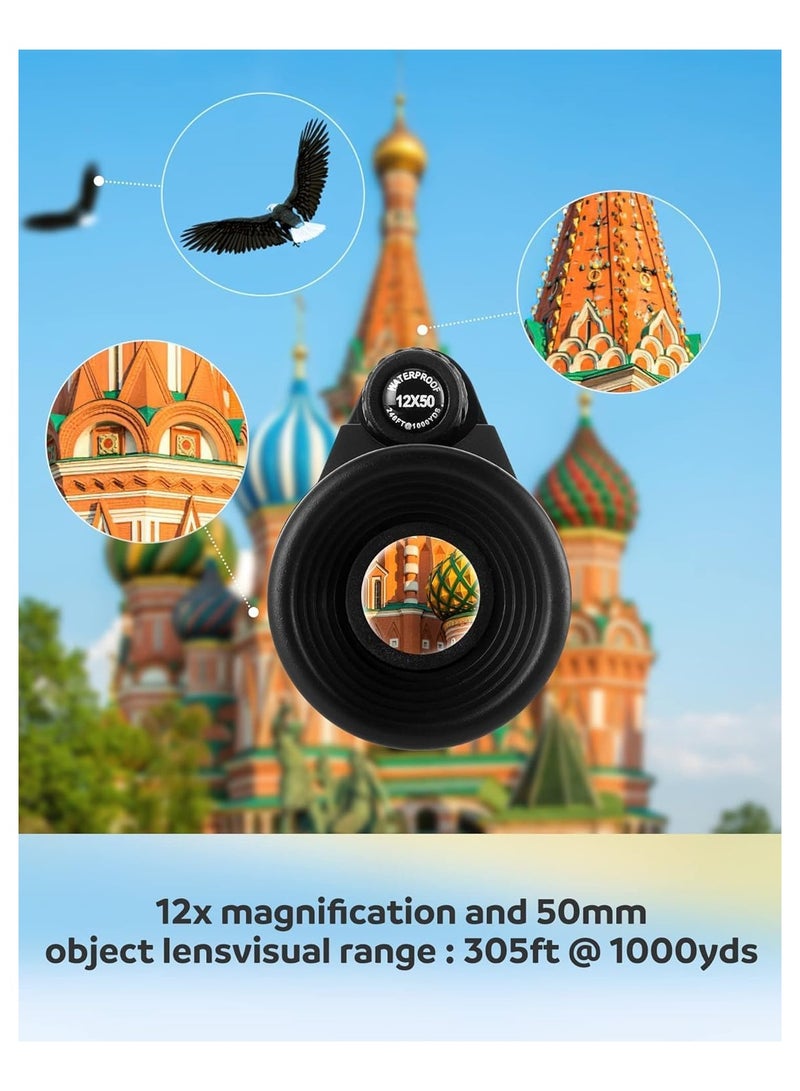 12x50 High-Power Monocular Telescope with Smartphone Tripod and Portable Bag - Perfect for Bird Watching, Hunting, Hiking, and Camping with BAK4 Prism & FMC Lens Technology for Enhanced Vision. - Image 3
