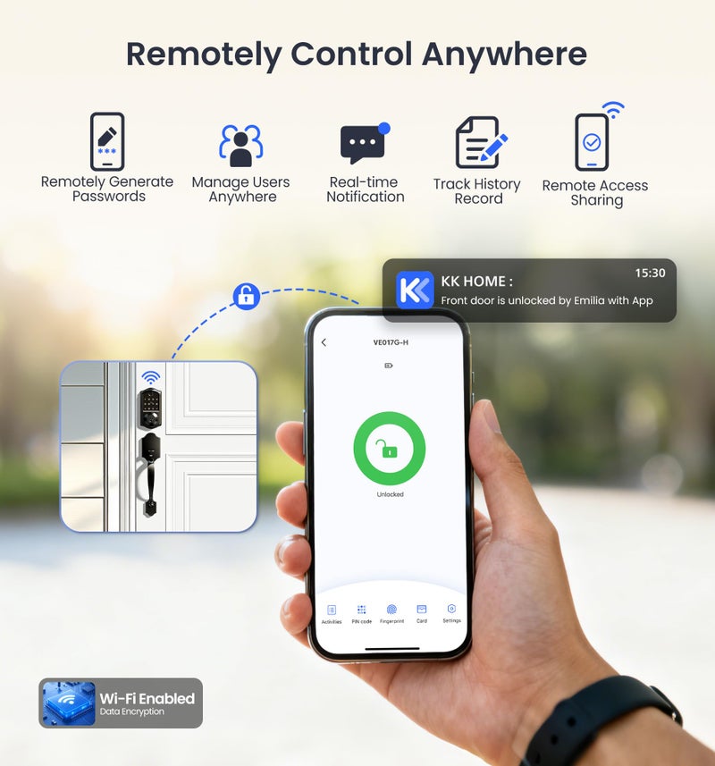 Veise VE017G-H Wi-Fi Smart Fingerprint Front Door Lock Set, Remote App Control, Keyless Entry Deadbolt with Handle, Backlit Keypad, IP55 Weatherproof, Auto Lock, Easy to Install, Satin Nickel - Image 3