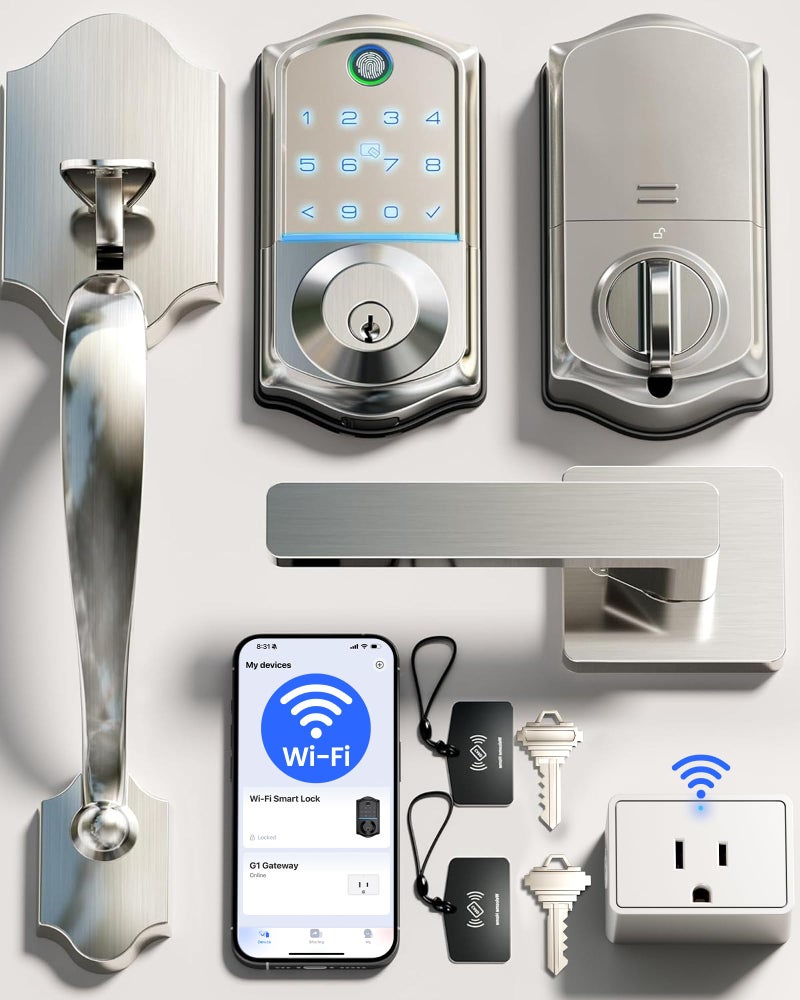 Veise VE017G-H Wi-Fi Smart Fingerprint Front Door Lock Set, Remote App Control, Keyless Entry Deadbolt with Handle, Backlit Keypad, IP55 Weatherproof, Auto Lock, Easy to Install, Satin Nickel - Image 1