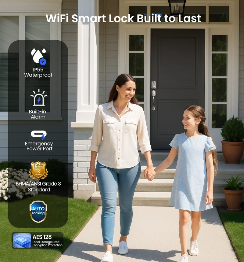 Veise VE017G-H Wi-Fi Smart Fingerprint Front Door Lock Set, Remote App Control, Keyless Entry Deadbolt with Handle, Backlit Keypad, IP55 Weatherproof, Auto Lock, Easy to Install, Satin Nickel - Image 5