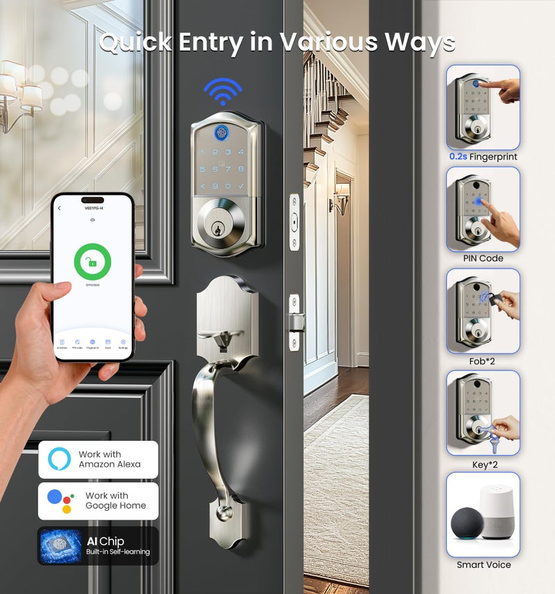 Veise VE017G-H Wi-Fi Smart Fingerprint Front Door Lock Set, Remote App Control, Keyless Entry Deadbolt with Handle, Backlit Keypad, IP55 Weatherproof, Auto Lock, Easy to Install, Satin Nickel - Image 2