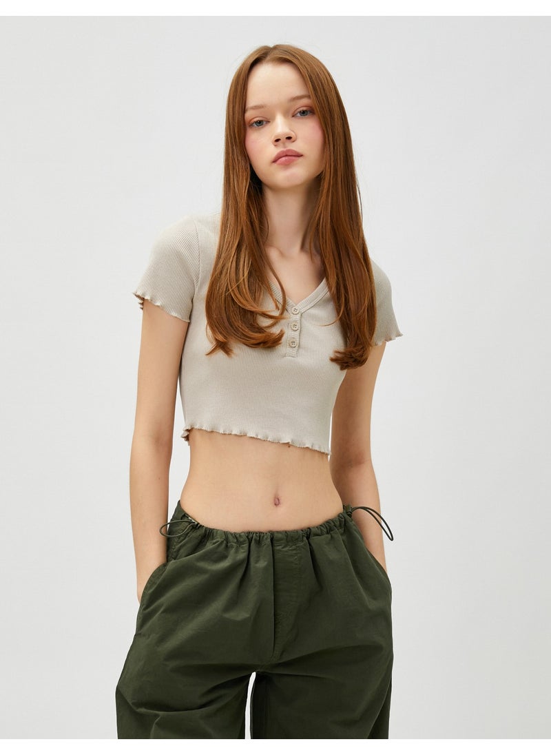 Crop T-Shirt Short Sleeve Cotton Buttoned V Neck - pzsku/ZAFED1E75055217DA93C4Z/45/_/1724945276/25add352-d4cd-4ae1-9eb8-0d180085c78d