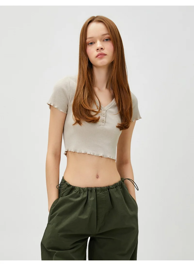 KOTON Crop T-Shirt Short Sleeve Cotton Buttoned V Neck