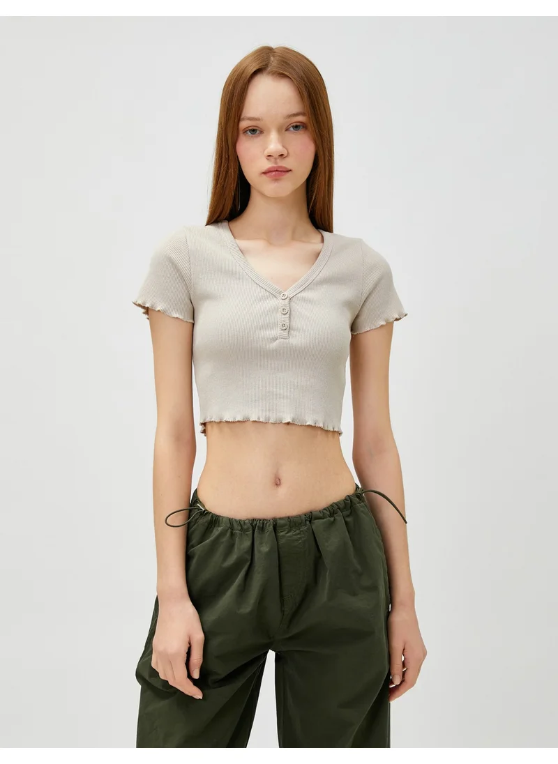 KOTON Crop T-Shirt Short Sleeve Cotton Buttoned V Neck