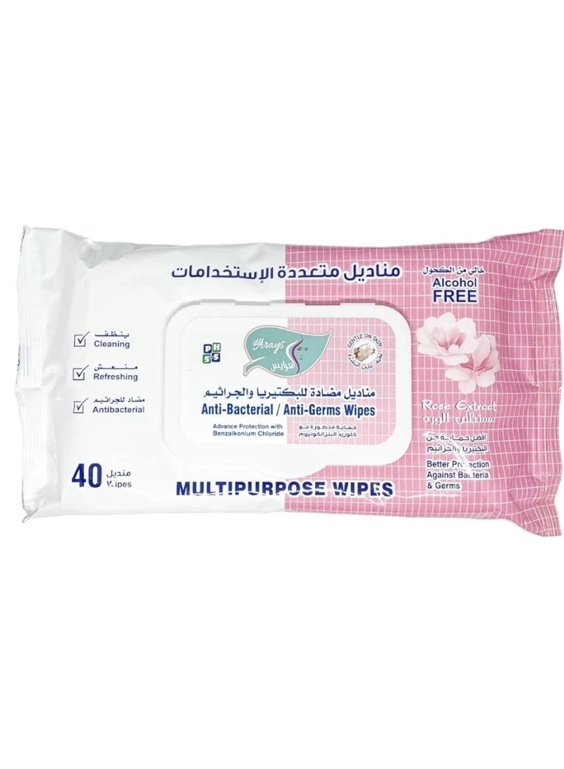 Alarays Anti Bacterial And Anti Germs Wipes 40 Wipes Rose Extract