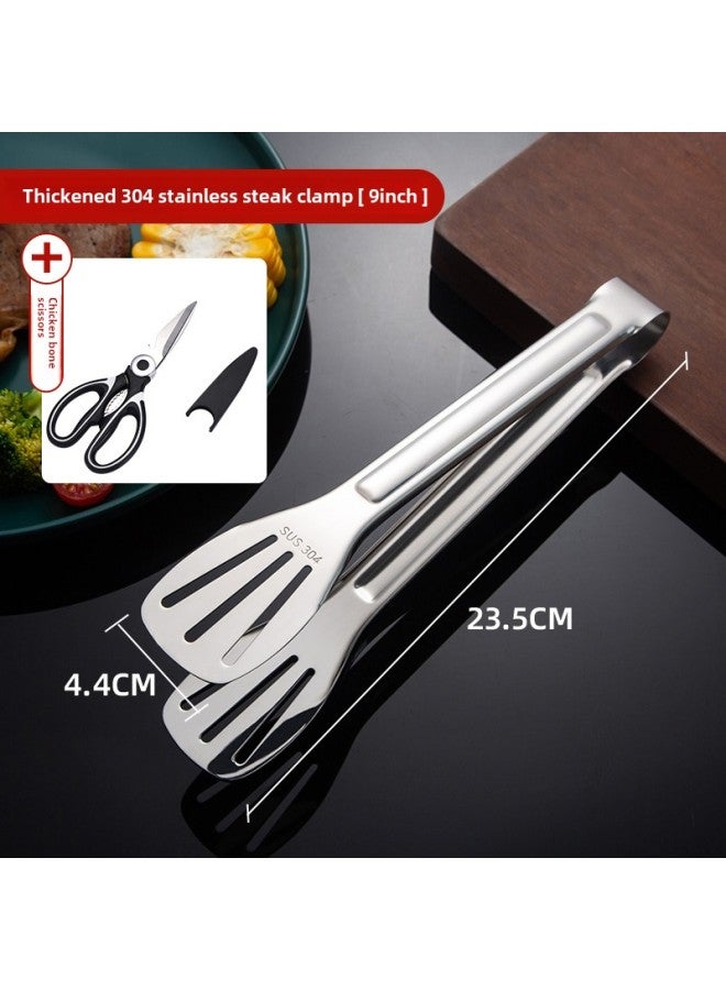 Steak Clip 304 Stainless Steel Kitchen Fried Food Food Clip Barbecue Meat Clip Special Anti-scalding Commercial Clip-Color:Thickened 304 Stainless Steak Clamp  + Chicken Bone Scissors  - Image 1