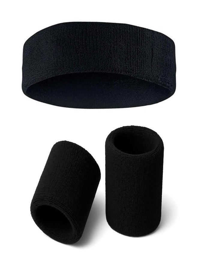 Gmefvr Sports Sweatband Headband & Wristband | Stretch, Soft, Sweat-Absorbing Cotton Blend | Gym, Running, Tennis, Basketball, Yoga | Unisex, Non-Slip, Washable (Headband + Wristband Black) - Image 1