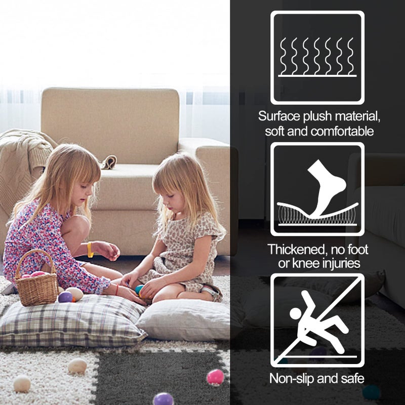 ANPHSIN 12 pcs Plush Puzzle Foam Floor Mat for Kids- Thick Interlocking Fluffy Tiles with Border Square Rug Split Joint Soft Climbing Carpet Mats Shaggy Area Rug for Room Floor(11.8'', White & Gray) - Image 2
