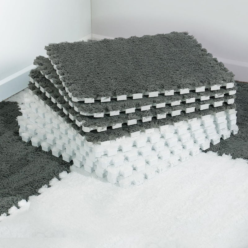 ANPHSIN 12 pcs Plush Puzzle Foam Floor Mat for Kids- Thick Interlocking Fluffy Tiles with Border Square Rug Split Joint Soft Climbing Carpet Mats Shaggy Area Rug for Room Floor(11.8'', White & Gray) - Image 1