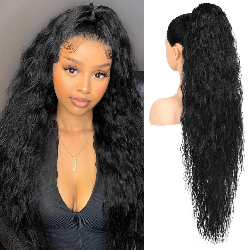 HOOJIH Ponytail Extension 34 Inch Long Wavy Drawstring Ponytail Hair Extensions Black Pony Tail Extension Synthetic Hairpiece for Women Daily Use  Black