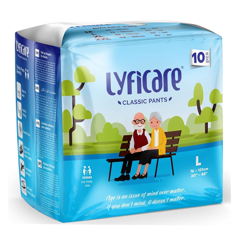 lyficare سراويل كلاسيكية - حفاضات للبالغين | كبير - 10 قطع | عبوة من 1 | مقاس الخصر: 76-121 سم | 30-48 بوصة | حفاضات للبالغين - L (10 قطع) - Image 1