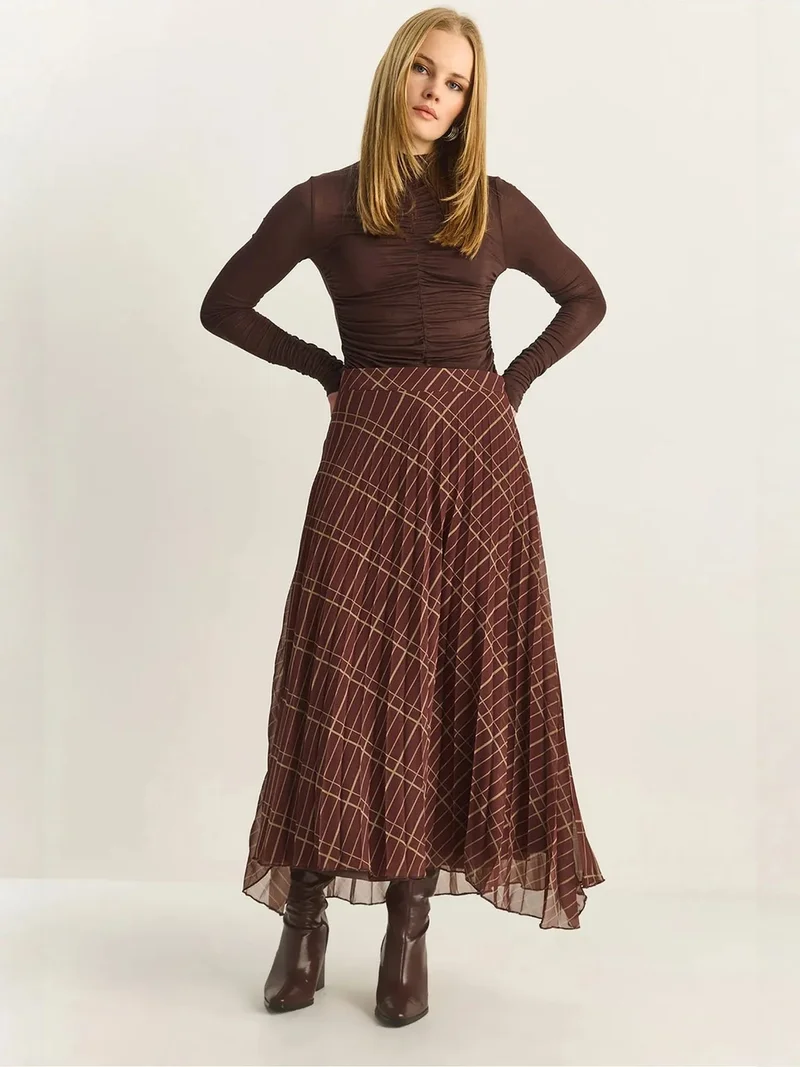 بيانكو لوتشي LUCCI High Waist Maxi Chiffon Plaid Skirt
