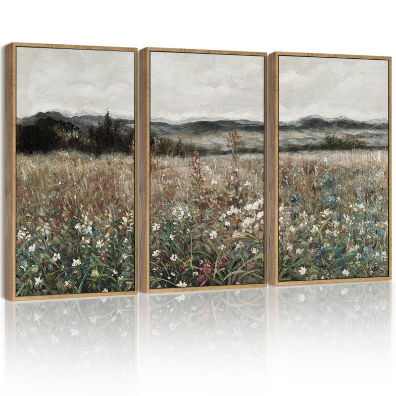SHENIFY Vintage Landscape Framed Wall Art Meadow Flowers Farmhouse Decor Retro Classic Painting for Kitchen Living Room Bedroom Bathroom - 16x24in3pcs Natural Framed - Image 1
