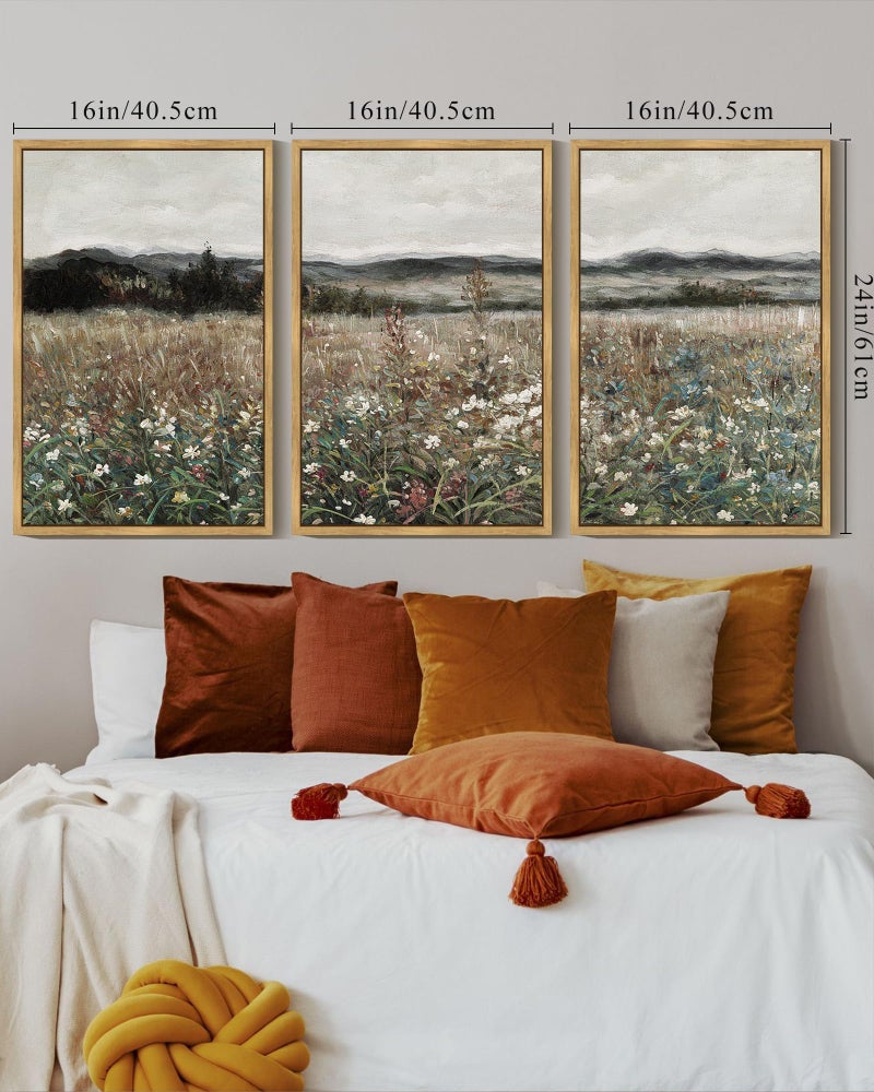 SHENIFY Vintage Landscape Framed Wall Art Meadow Flowers Farmhouse Decor Retro Classic Painting for Kitchen Living Room Bedroom Bathroom - 16x24in3pcs Natural Framed - Image 2