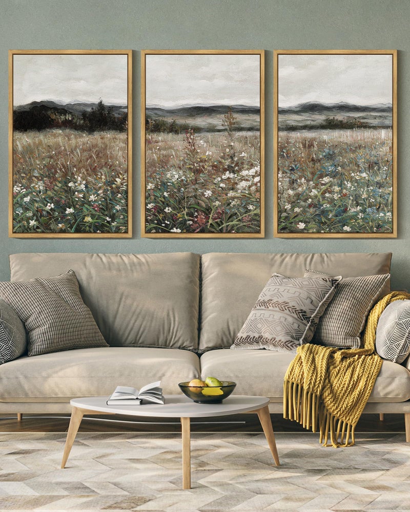 SHENIFY Vintage Landscape Framed Wall Art Meadow Flowers Farmhouse Decor Retro Classic Painting for Kitchen Living Room Bedroom Bathroom - 16x24in3pcs Natural Framed - Image 5