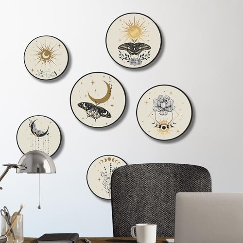 Nozvera Mystical Boho Wall Art Set of 6 – Moon Phase, Sun, and Butterfly Round Prints – Celestial and Botanical Minimalist Wall Decor for Living Room or Bedroom - Image 2