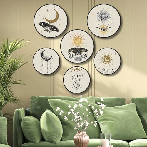 Nozvera Mystical Boho Wall Art Set of 6 – Moon Phase, Sun, and Butterfly Round Prints – Celestial and Botanical Minimalist Wall Decor for Living Room or Bedroom - Image 1