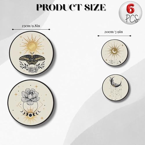 Nozvera Mystical Boho Wall Art Set of 6 – Moon Phase, Sun, and Butterfly Round Prints – Celestial and Botanical Minimalist Wall Decor for Living Room or Bedroom - Image 3