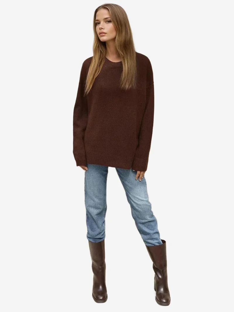 HICCUP Walnut Brown Cozy Crew Neck Knit Sweater for Women | Best Price UAE