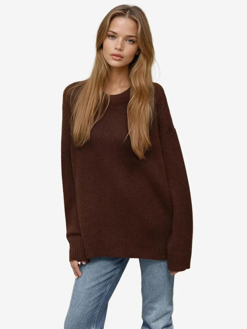 HICCUP Walnut Brown Cozy Crew Neck Knit Sweater for Women | Best Price UAE