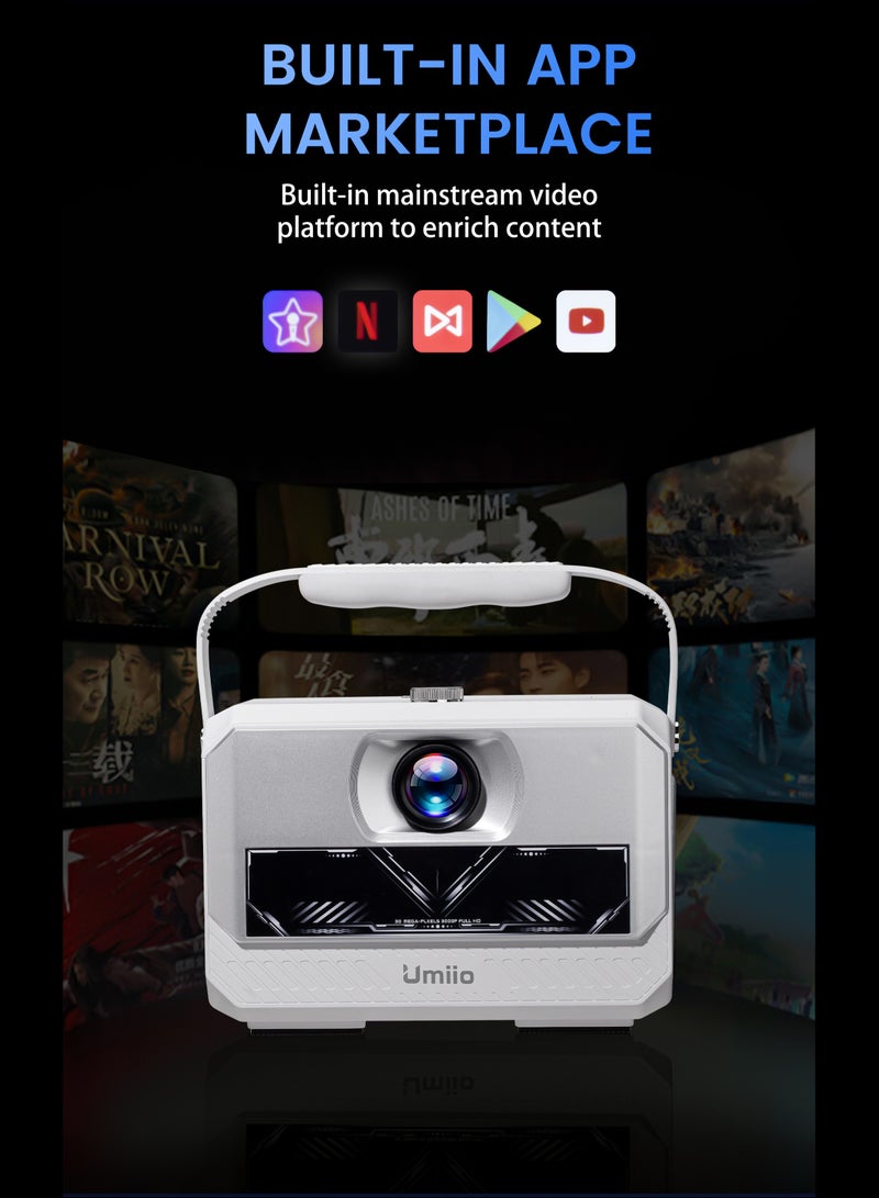 Umiio Q6 Max Smart Android Projector with Wireless Dual Karaoke Mic 4K and 1080*720P Support 200" Display Wi-Fi/Bluetooth HDMI/USB – White  - Image 2