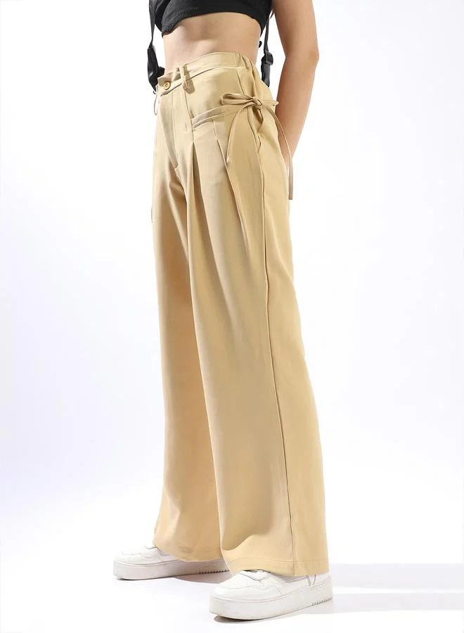 هوبرهولمي بنطلون نسائي واسع الساق بيج بخصر بأزرار ٩١٪ بوليستر ٩٪ سباندكس