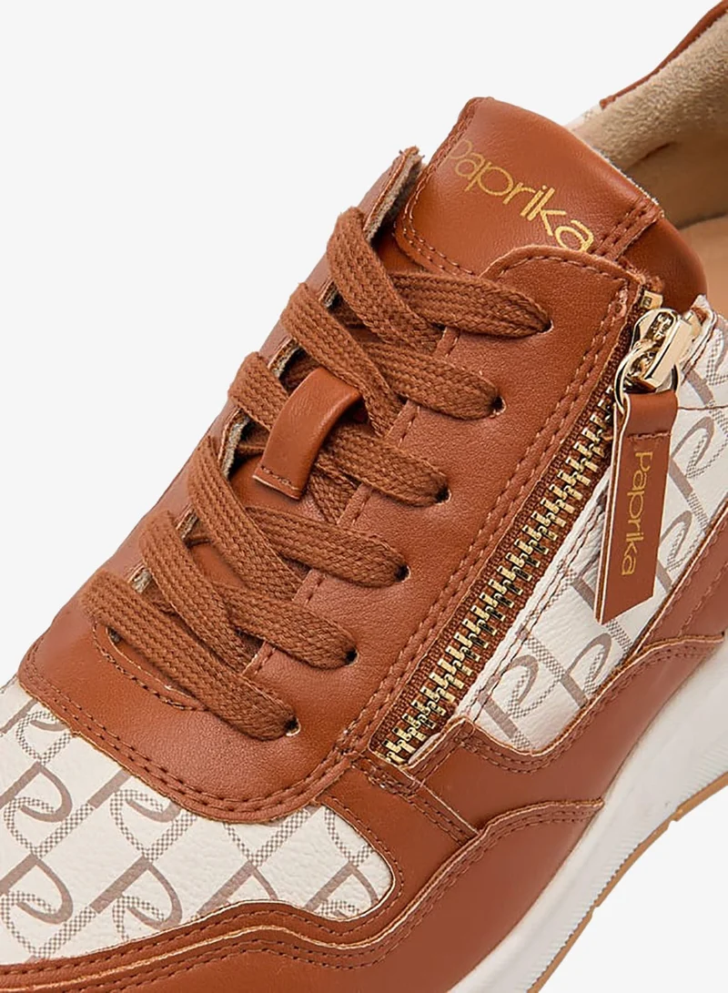 Paprika TAN Women's Monogram Print Sneakers with Lace-Up Closure for Women | Best Price UAE