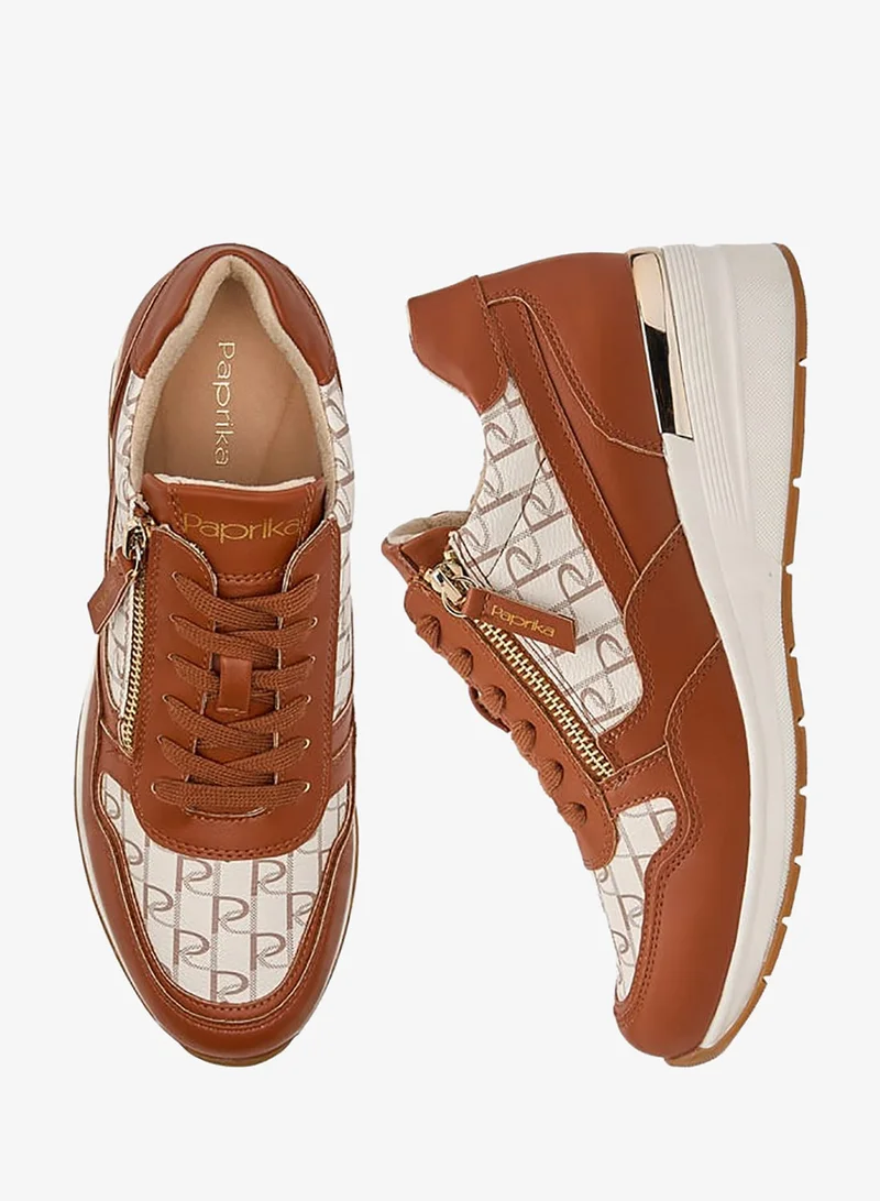Paprika Women's Monogram Print Sneakers with Lace-Up Closure